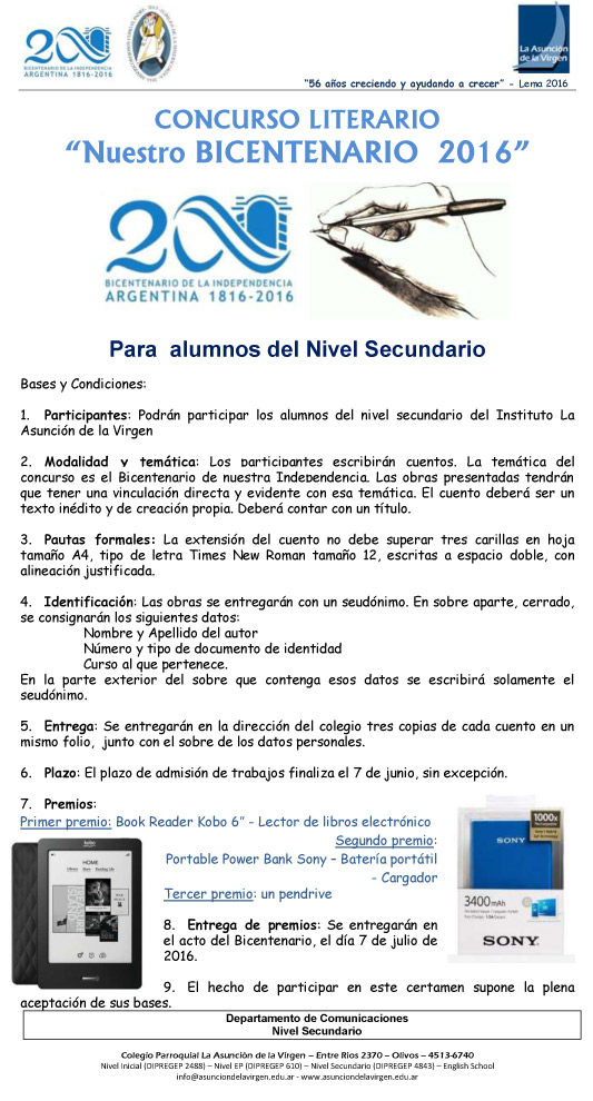 CONCURSO LITERARIO “Nuestro Bicentenario 2016” CONCURSO LITERARIO “Nuestro Bicentenario 2016”