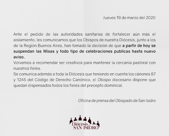 Mensaje del Obispado de San Isidro Mensaje del Obispado de San Isidro